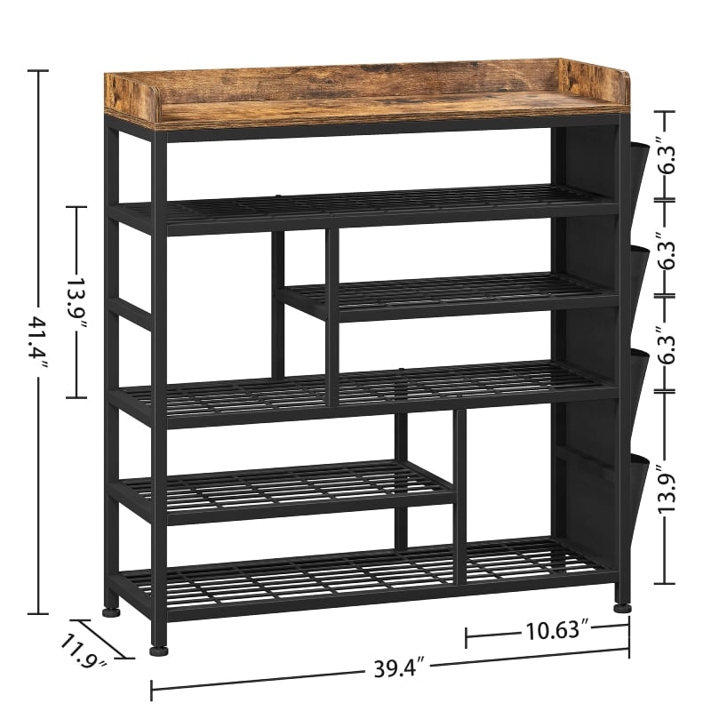 Dimension diagram: 6 tier shoe rack 39.4 in wide, 11.9 in deep and 41.4 in high, with 6.3 in shelf gaps and two 13.9 in tall boot bays