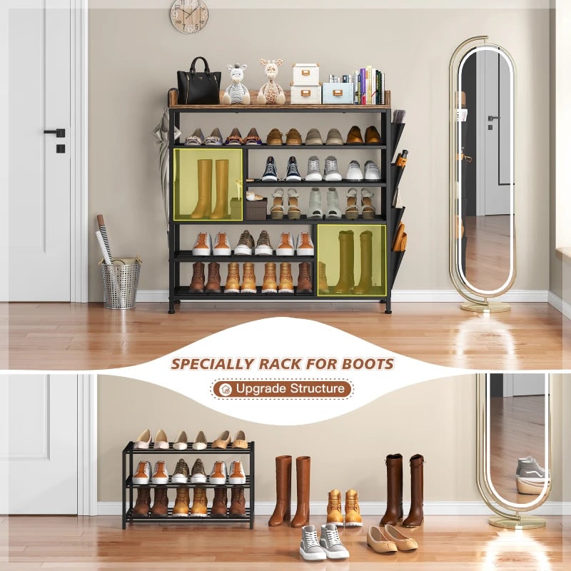 Detail graphic: the two tall reserved bays holding knee high and ankle boots upright beside a mirror in a hallway