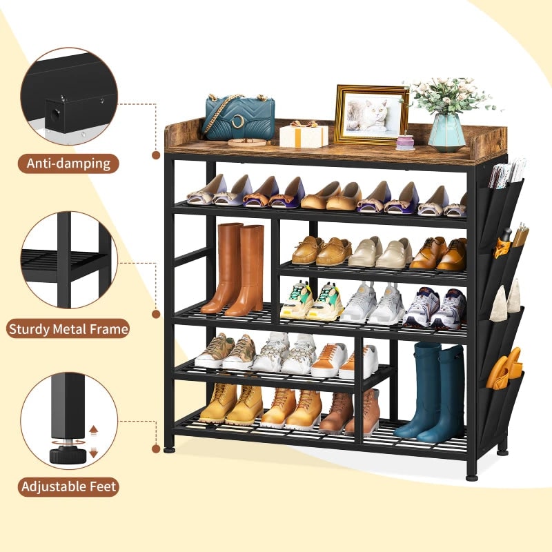 Detail graphic: hanging fabric side pockets, reinforced metal frame and adjustable leveling feet on a loaded shoe rack