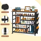 Detail graphic: hanging fabric side pockets, reinforced metal frame and adjustable leveling feet on a loaded shoe rack