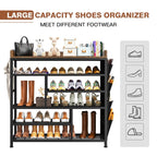 Large capacity shoe organizer graphic showing sneakers, heels, boots, sandals and slippers all stored on the same rack