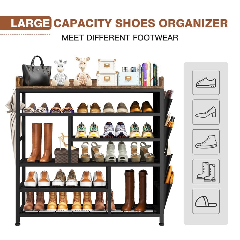 Large capacity shoe organizer graphic showing sneakers, heels, boots, sandals and slippers all stored on the same rack