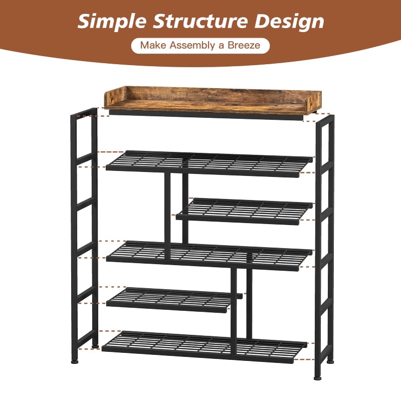 Exploded structure diagram of the shoe rack showing the wood top, the shelf tiers and the uprights for tool free assembly