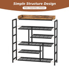Exploded structure diagram of the shoe rack showing the wood top, the shelf tiers and the uprights for tool free assembly