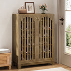 Stowena 6 tier shoe cabinet with louvered doors in oak tone with a bag and picture frame on top