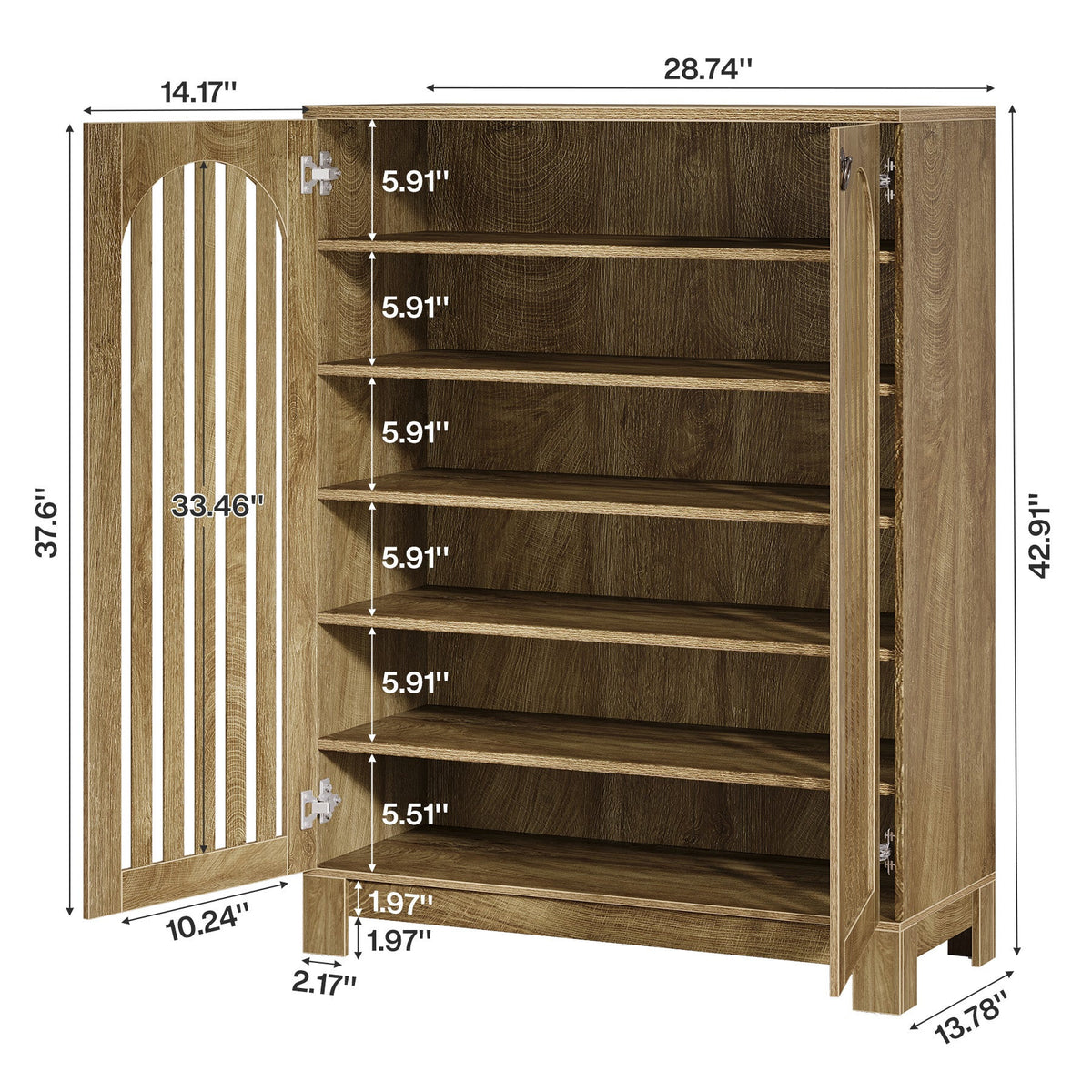 Dimension diagram: 28.74 in wide, 13.78 in deep, 42.91 in tall, 5.91 in shelf clearance