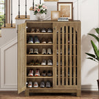 Shoe cabinet with one door open showing six tiers of shoes