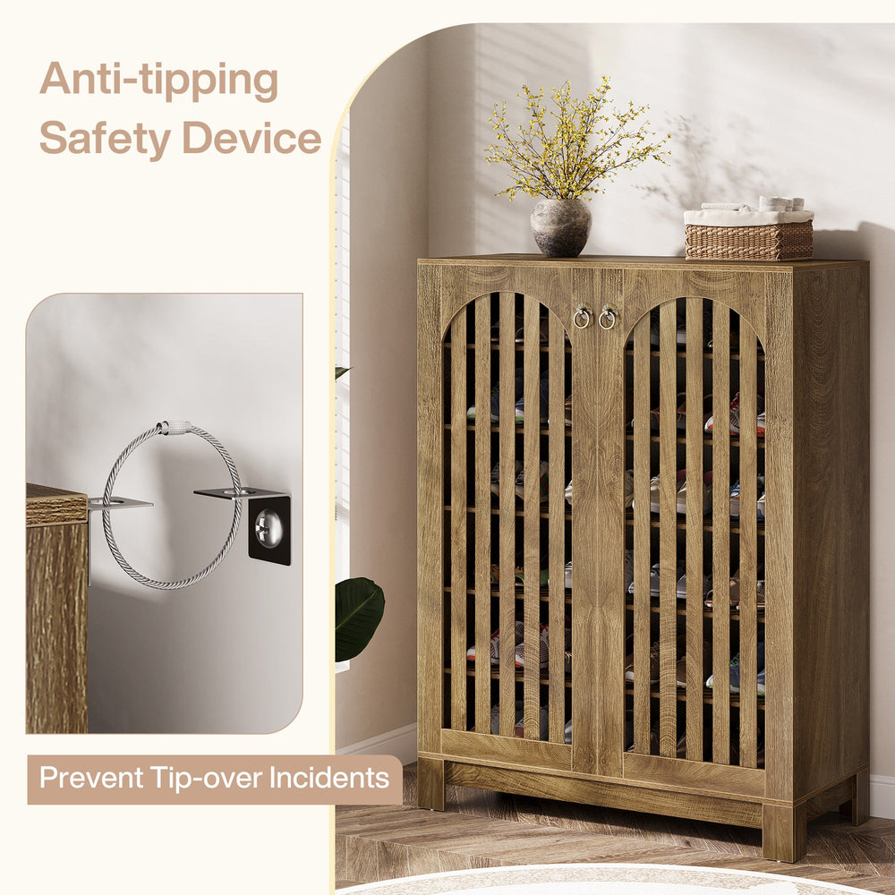 Anti-tipping safety device detail on the louvered shoe cabinet