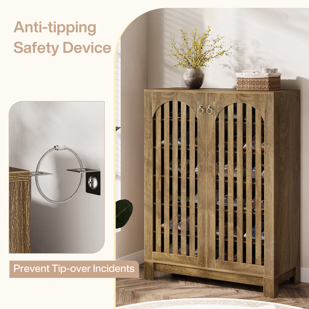 Anti-tipping safety device detail on the louvered shoe cabinet