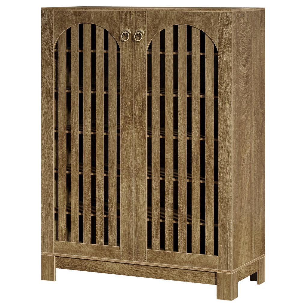 Wood color 6 tier shoe cabinet on a white background