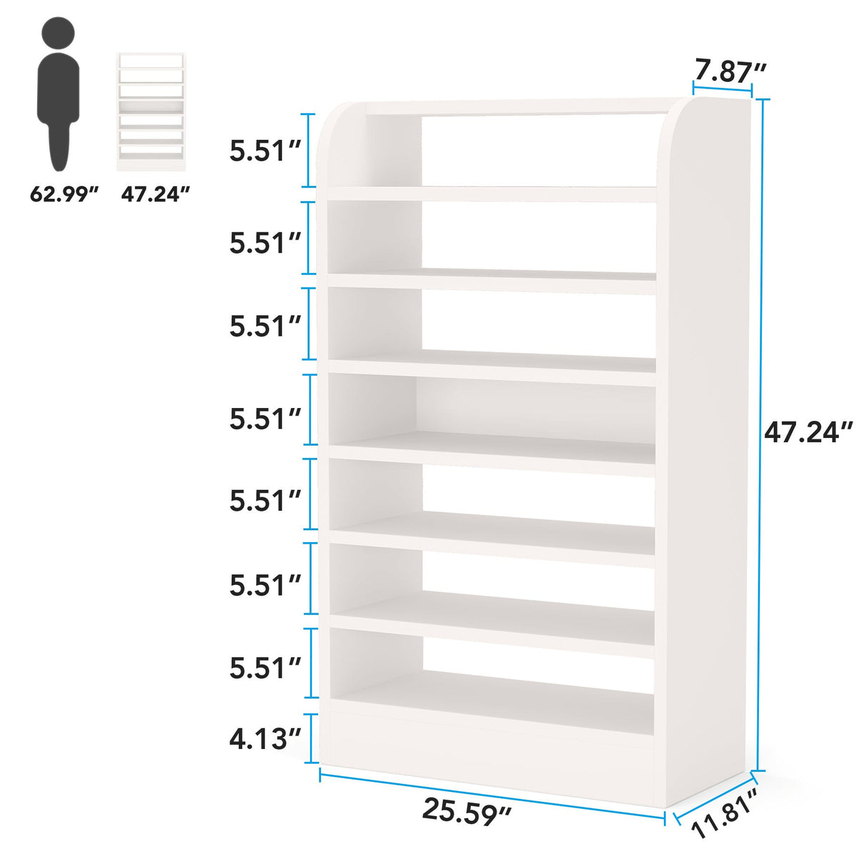 Dimension diagram: 25.59 x 11.81 x 47.24 in with 5.51 in shelf spacing