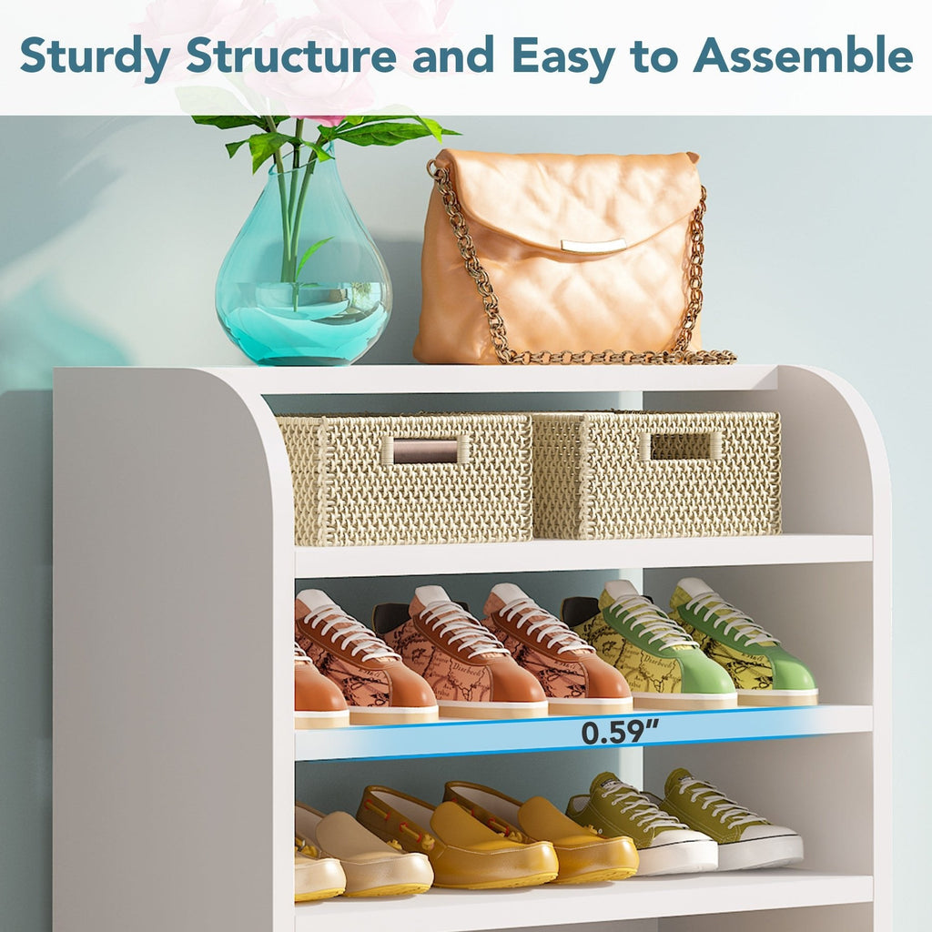 Top surface styled with vase and bag above sneaker tiers