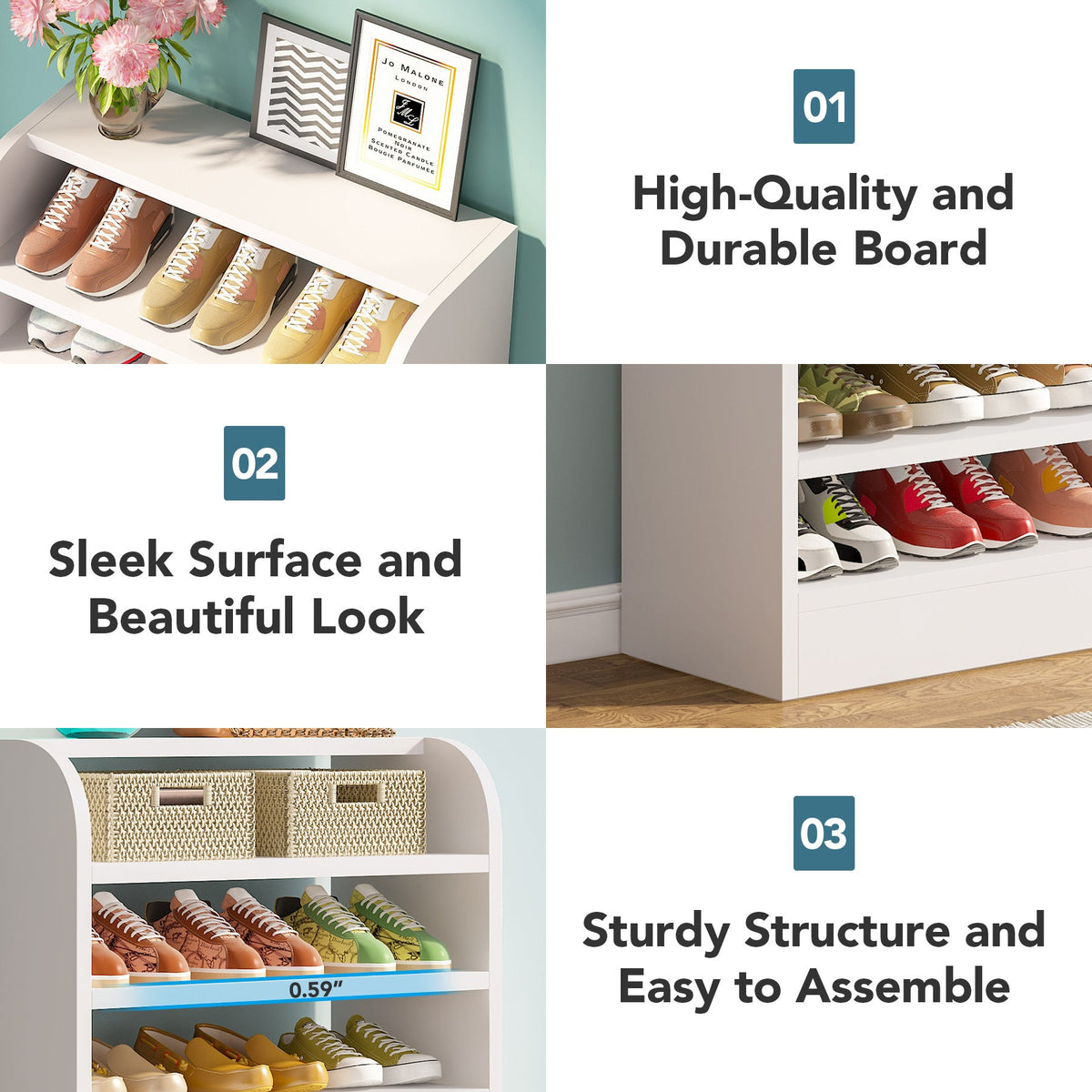 Callouts: durable board, sleek surface, sturdy structure easy to assemble