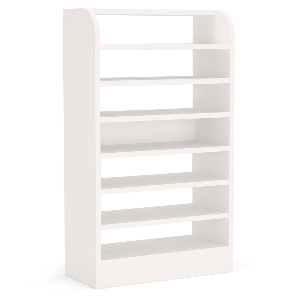 Empty white 8 tier shoe rack on a white background