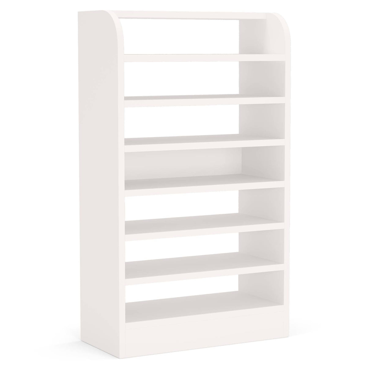 Empty white 8 tier shoe rack on a white background