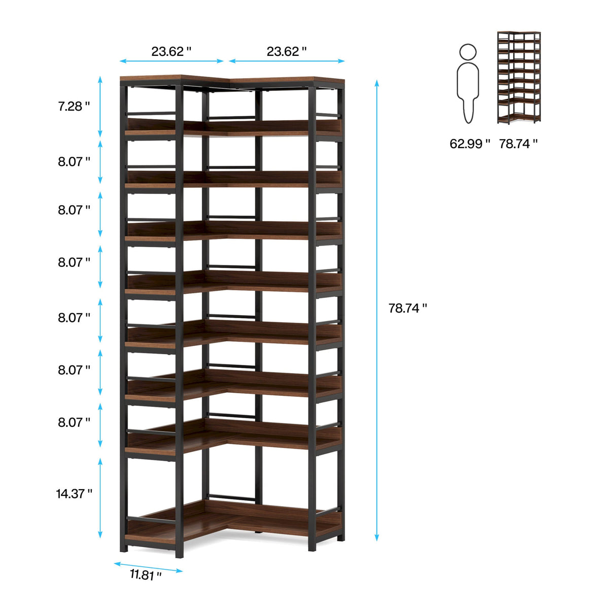 Dimension diagram showing 23.62 inch arms, 78.74 inch height and the shelf spacings