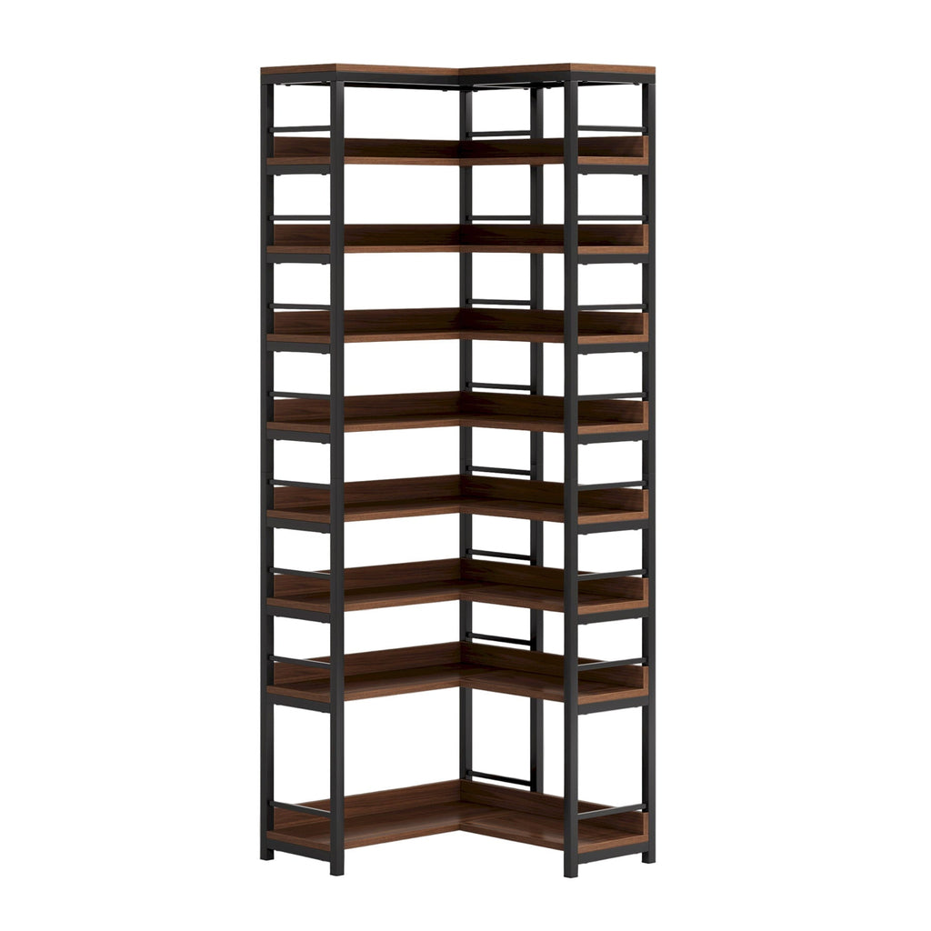 Rustic brown nine tier corner shoe rack photographed against a plain background