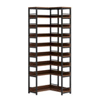 Rustic brown nine tier corner shoe rack photographed against a plain background