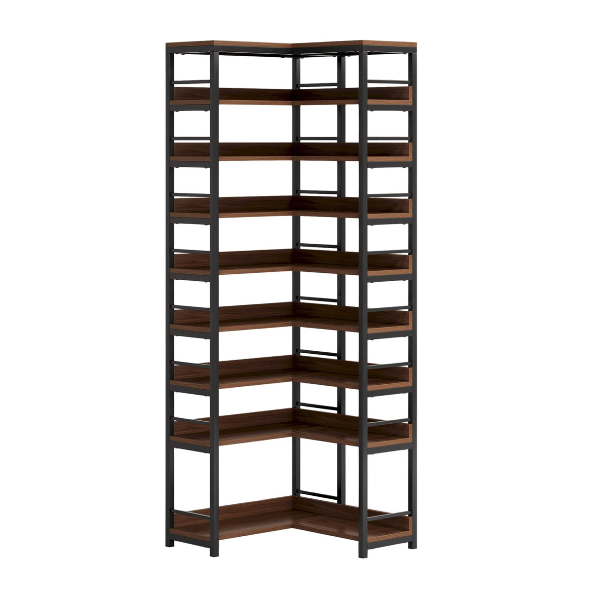 Rustic brown nine tier corner shoe rack photographed against a plain background