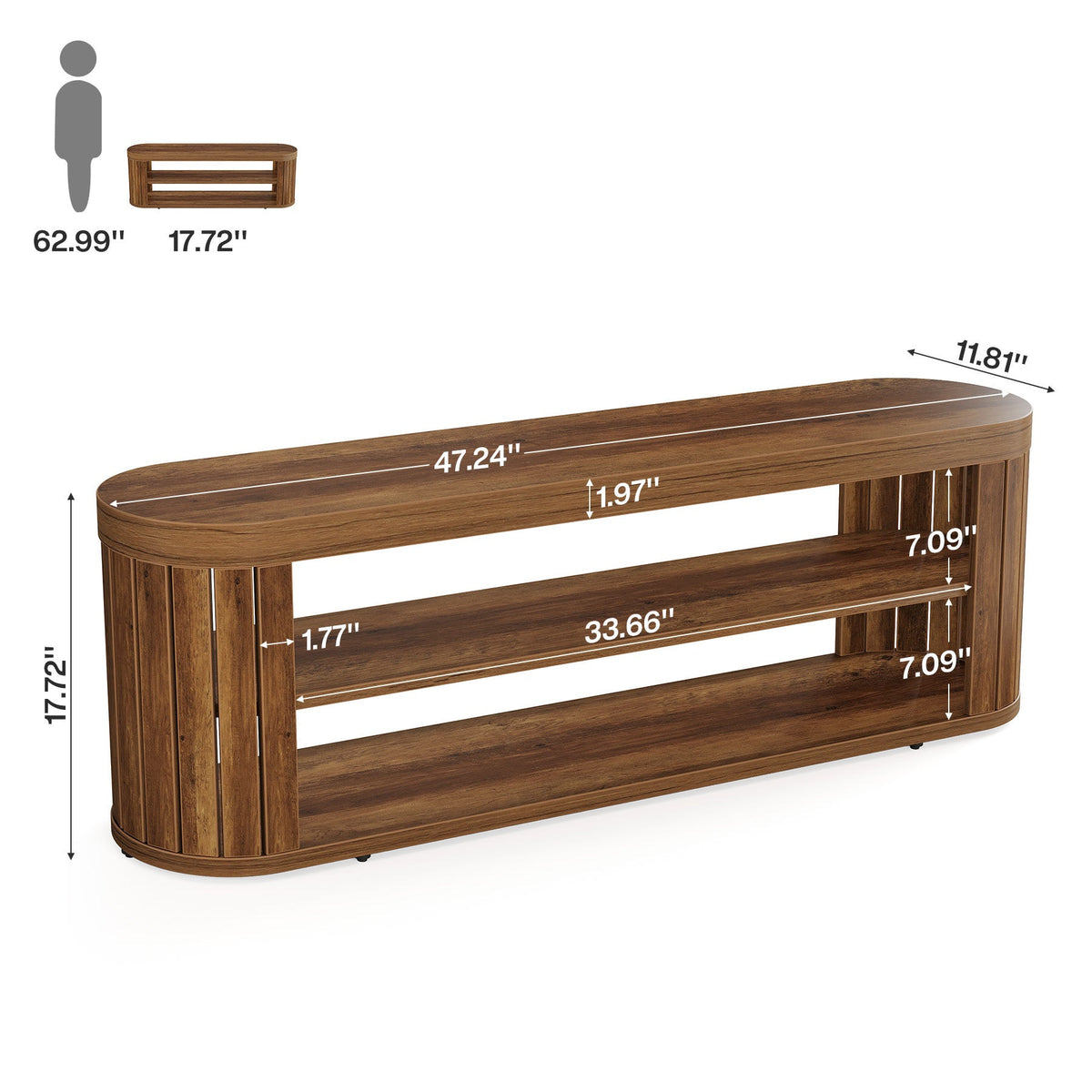 Dimension diagram: 47.24 in wide, 11.81 in deep, 17.72 in tall, 7.09 in shelf clearance