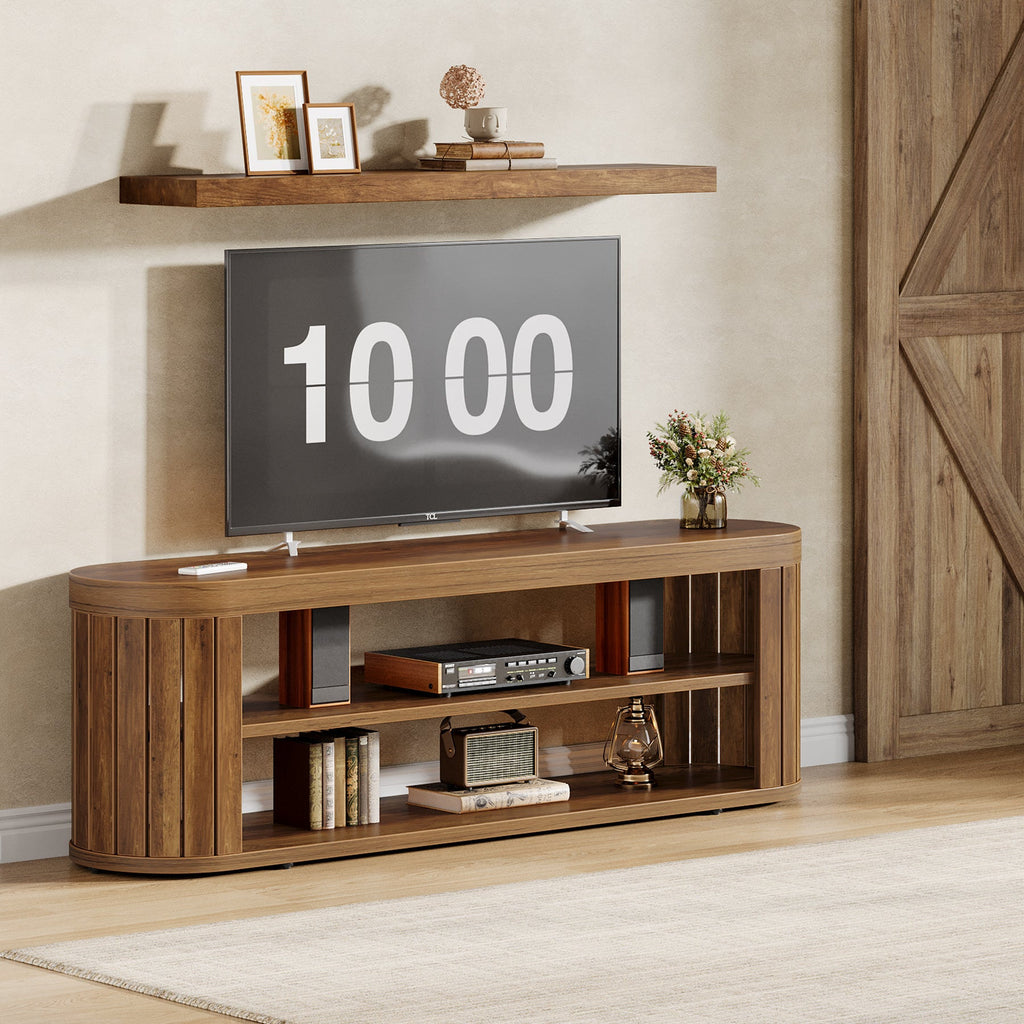 47 inch TV stand under a floating shelf holding a TV and media boxes