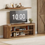 47 inch TV stand under a floating shelf holding a TV and media boxes