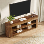 Brown 2 tier media console with a large TV and candles
