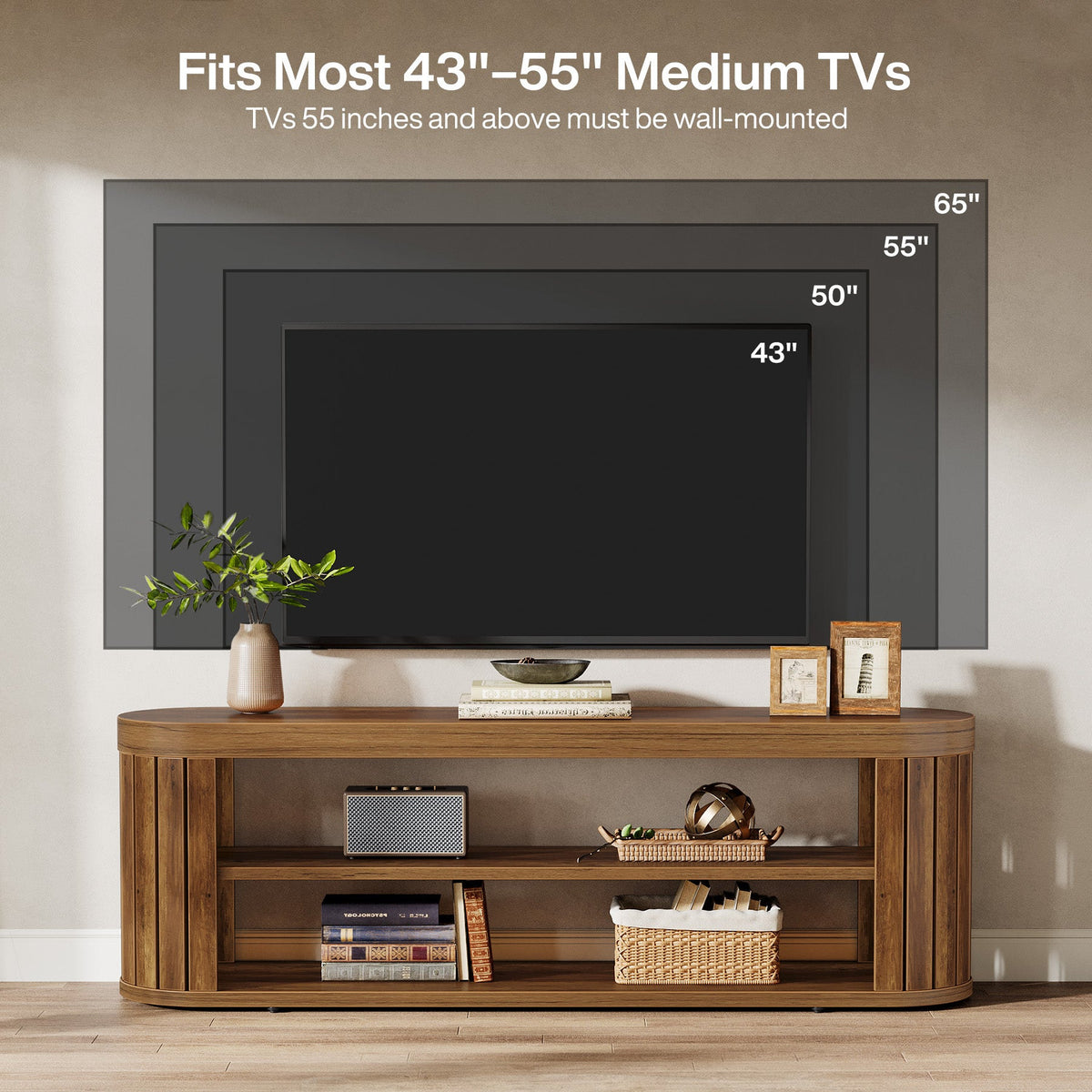 TV size guide: fits most 43 to 55 inch TVs, 55 inch and above wall-mounted