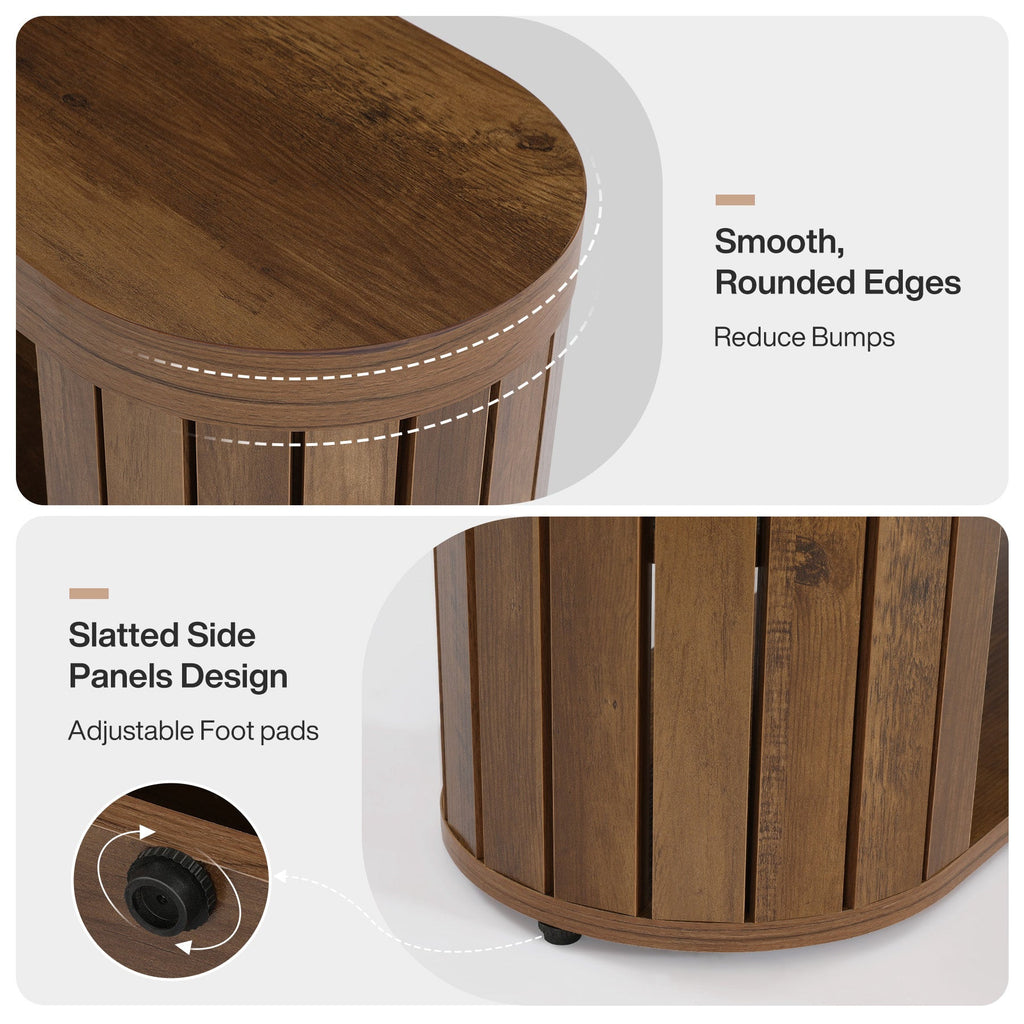 Detail composite: smooth rounded oval edges and slatted side panels with adjustable foot pads