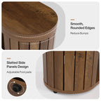 Detail composite: smooth rounded oval edges and slatted side panels with adjustable foot pads