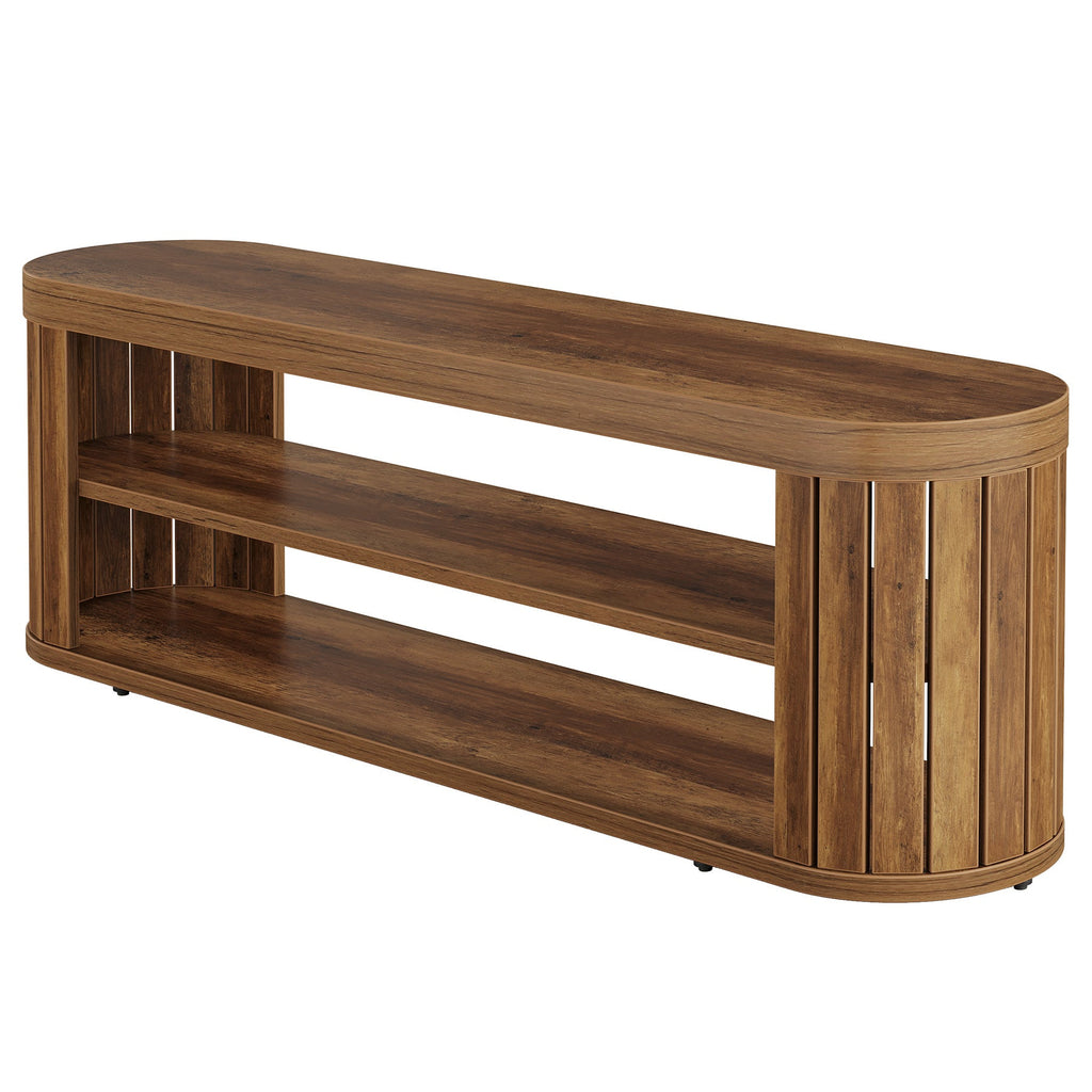 Brown oval 2 tier TV stand on a white background
