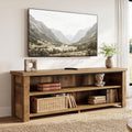 Stowena 55.1 inch farmhouse TV stand with a TV and decor on the two open tiers