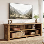 Stowena 55.1 inch farmhouse TV stand with a TV and decor on the two open tiers
