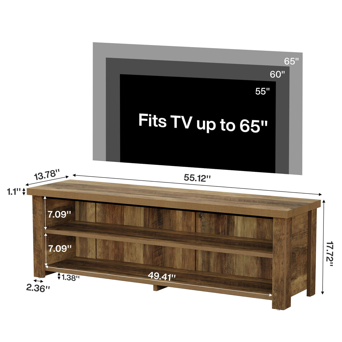Dimension diagram: 55.12 in wide, 13.78 in deep, 17.72 in tall, fits TVs up to 65 in