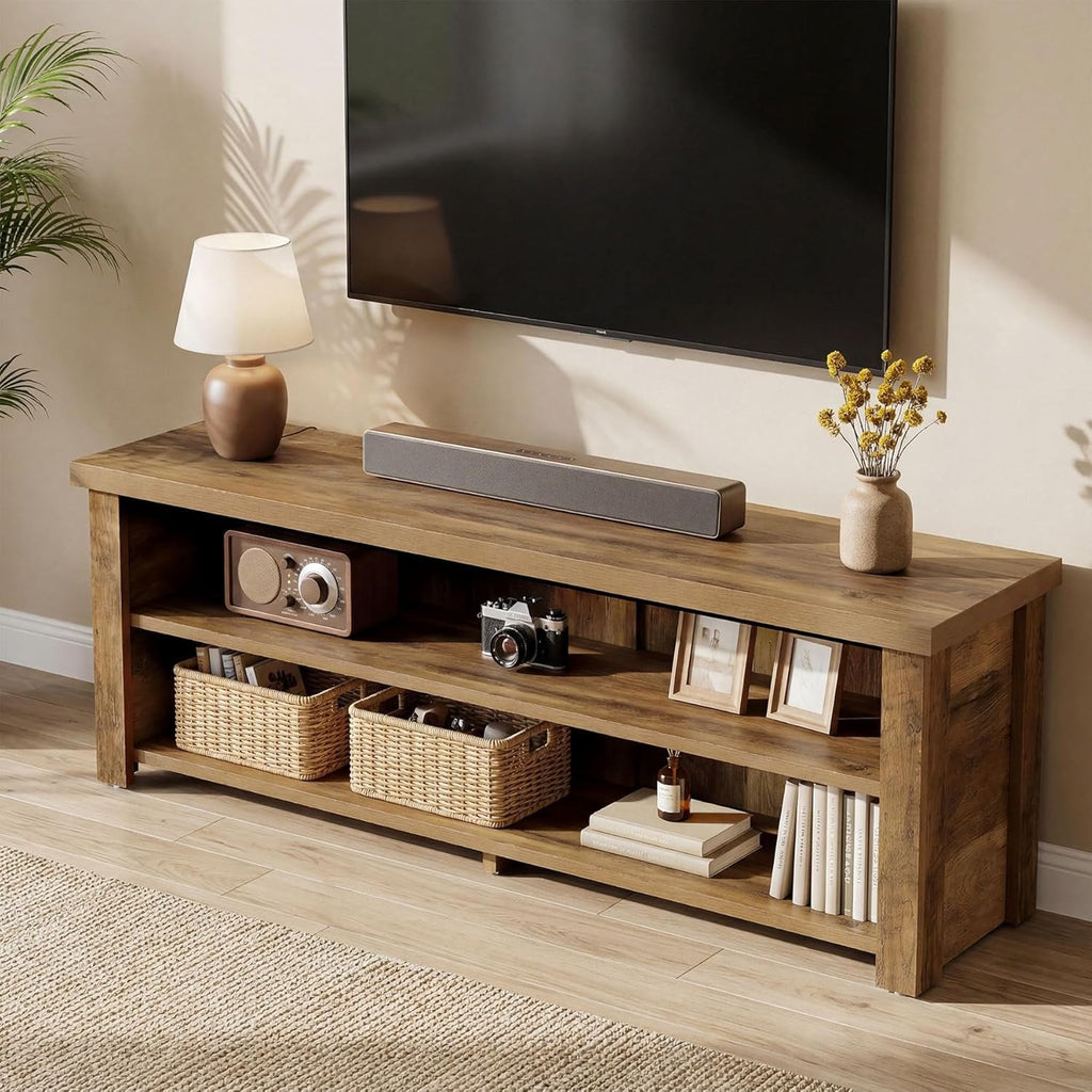 Low farmhouse media console under a wall-mounted TV with baskets and books