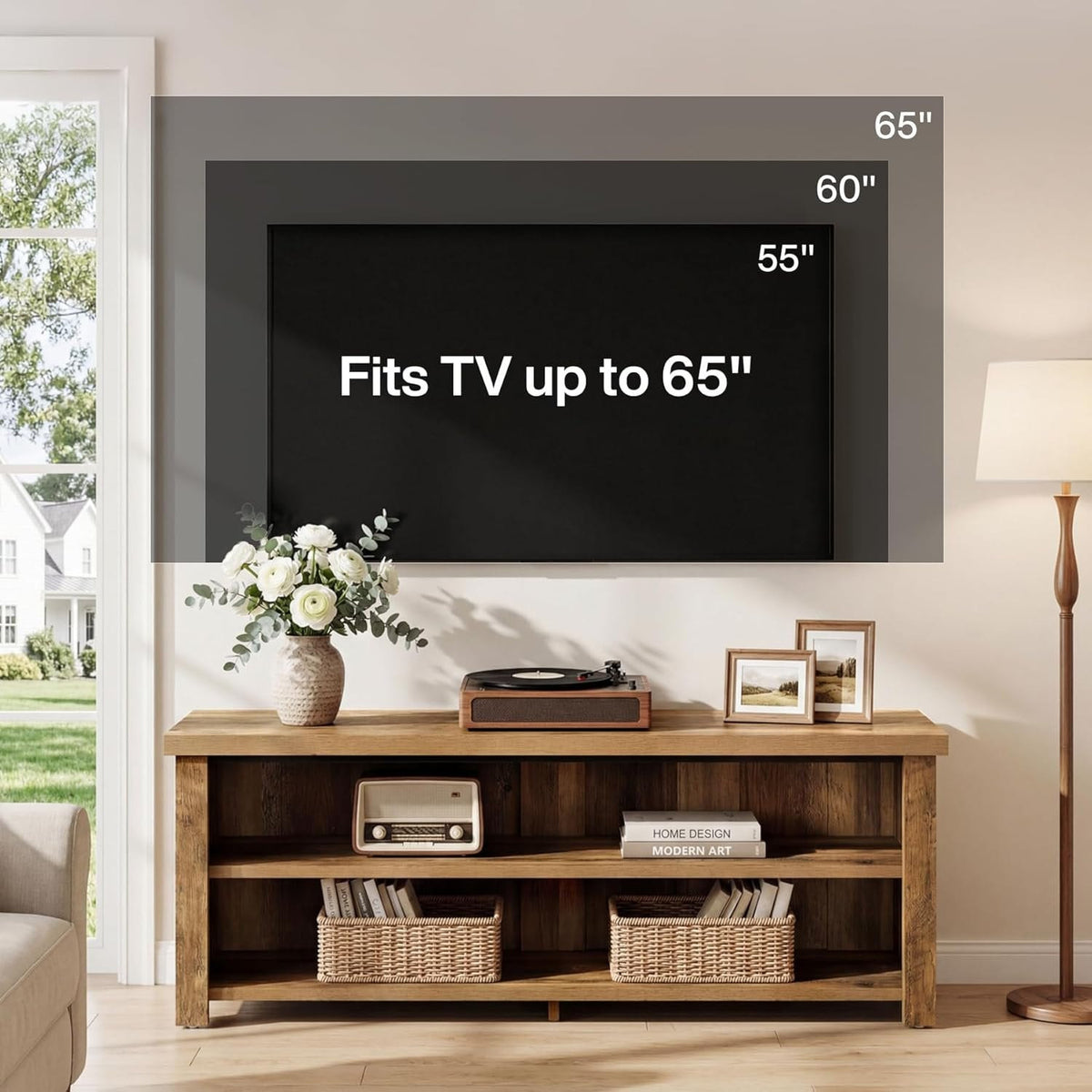 Warm wood grain TV stand holding a record player and speakers