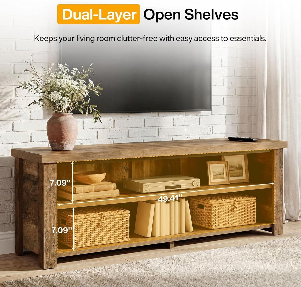 Detail of the dual-layer open shelves with 7.09 inch clearance