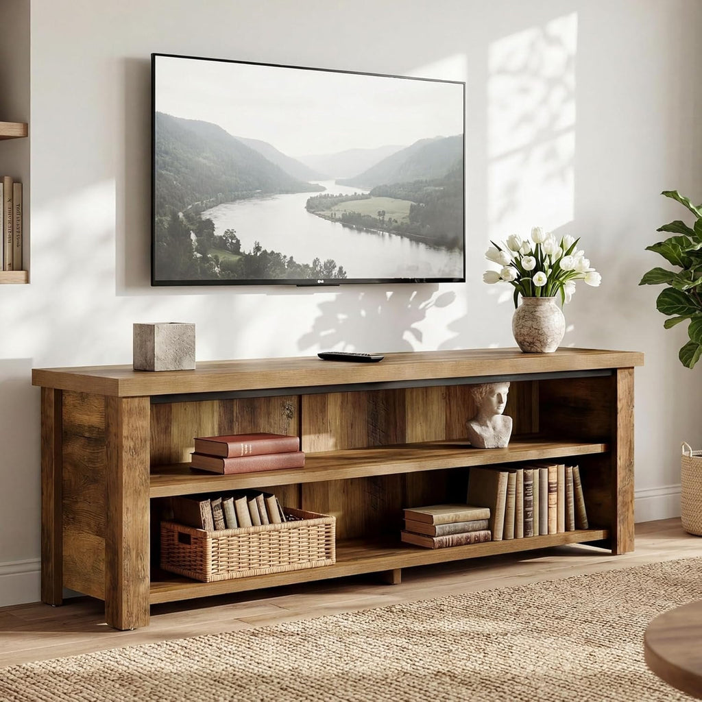 TV stand as an entryway bench with shoes on the lower shelf