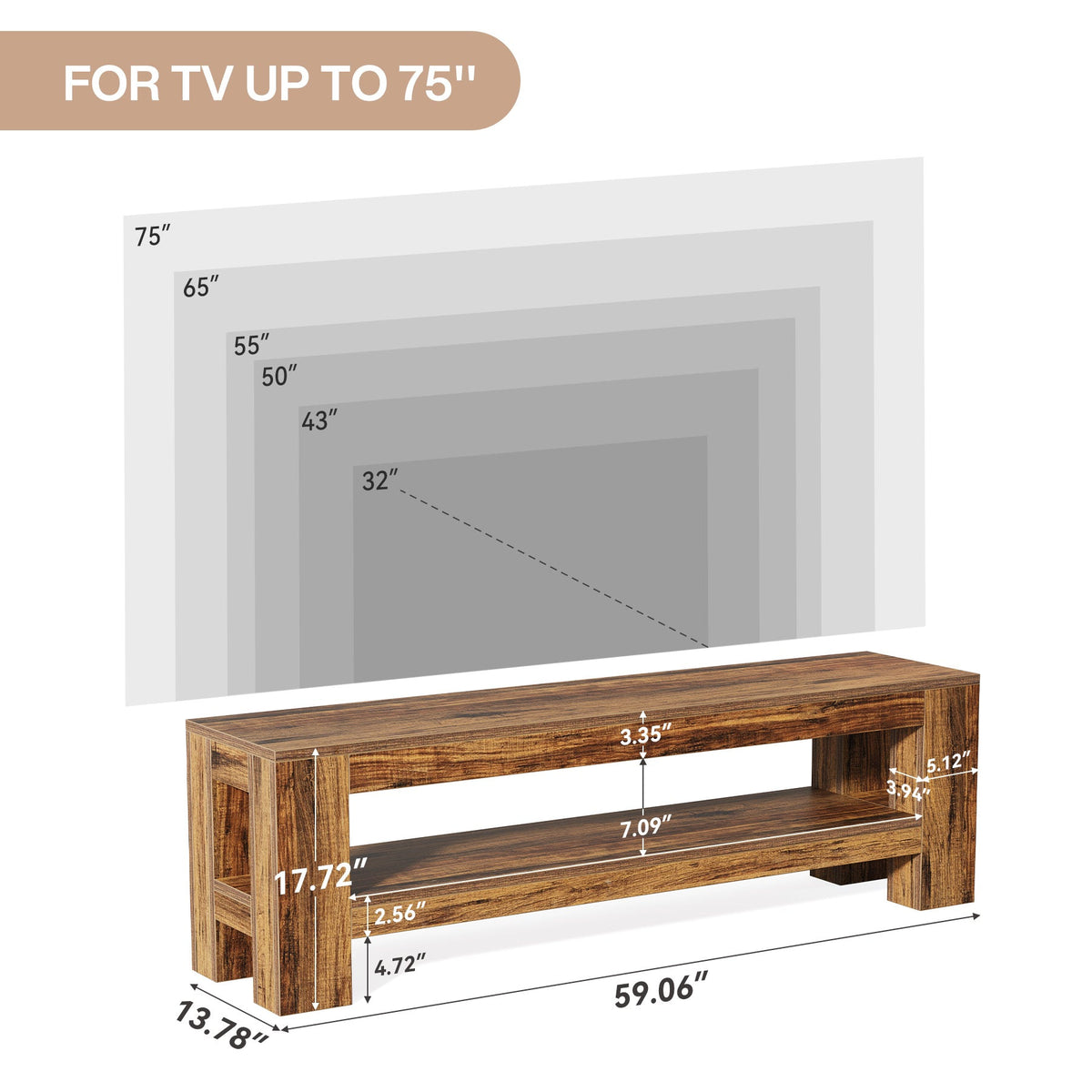 Dimension diagram: 59.06 in wide, 13.78 in deep, 17.72 in tall, for TVs up to 75 inch