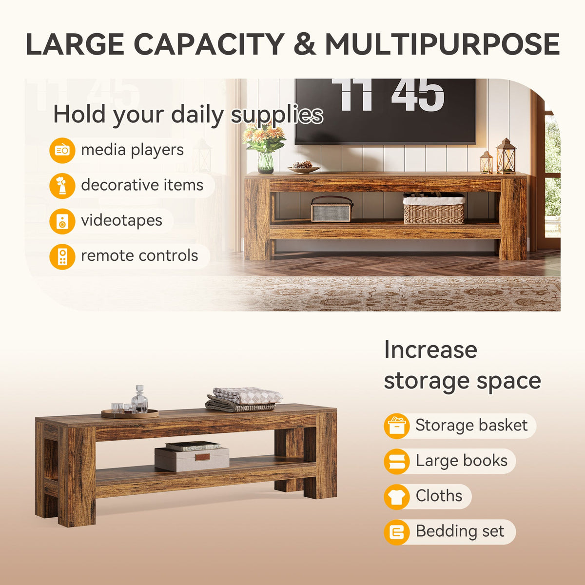 Capacity graphic: two tiers holding media players, decorative items, videotapes and remote controls