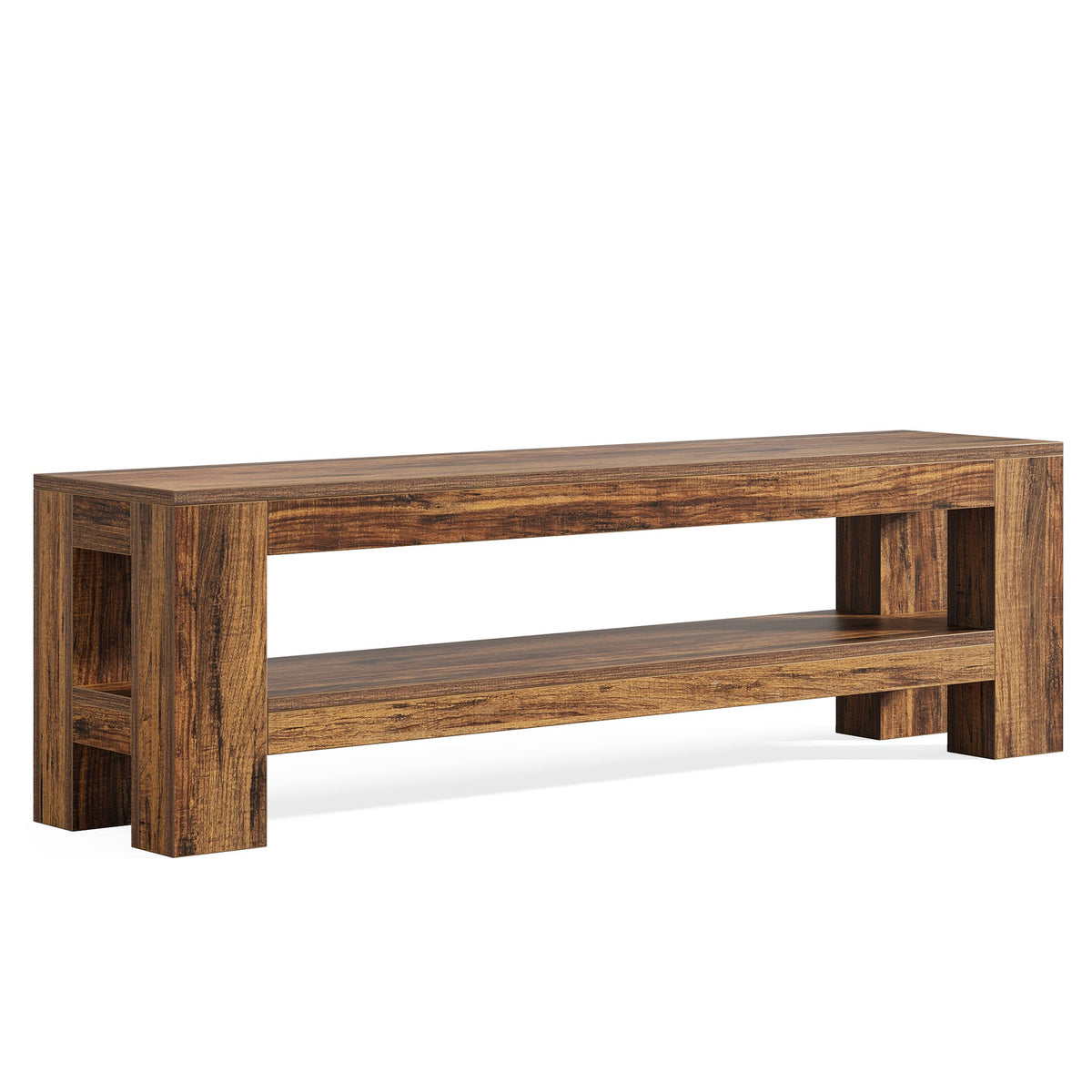 59 inch two tier bench style TV console on a white background