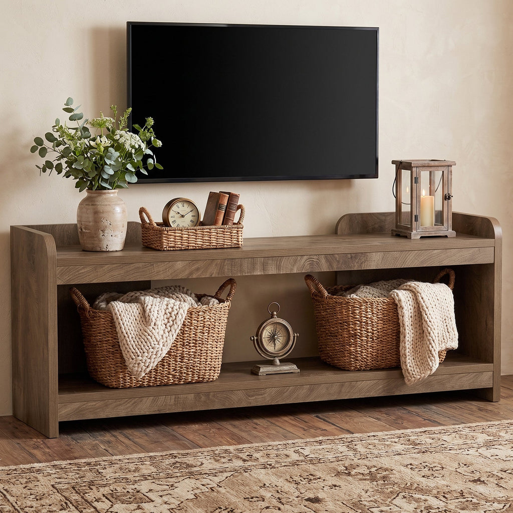 Stowena 63 inch TV stand with a 65 inch TV, baskets and books on the 2 open tiers
