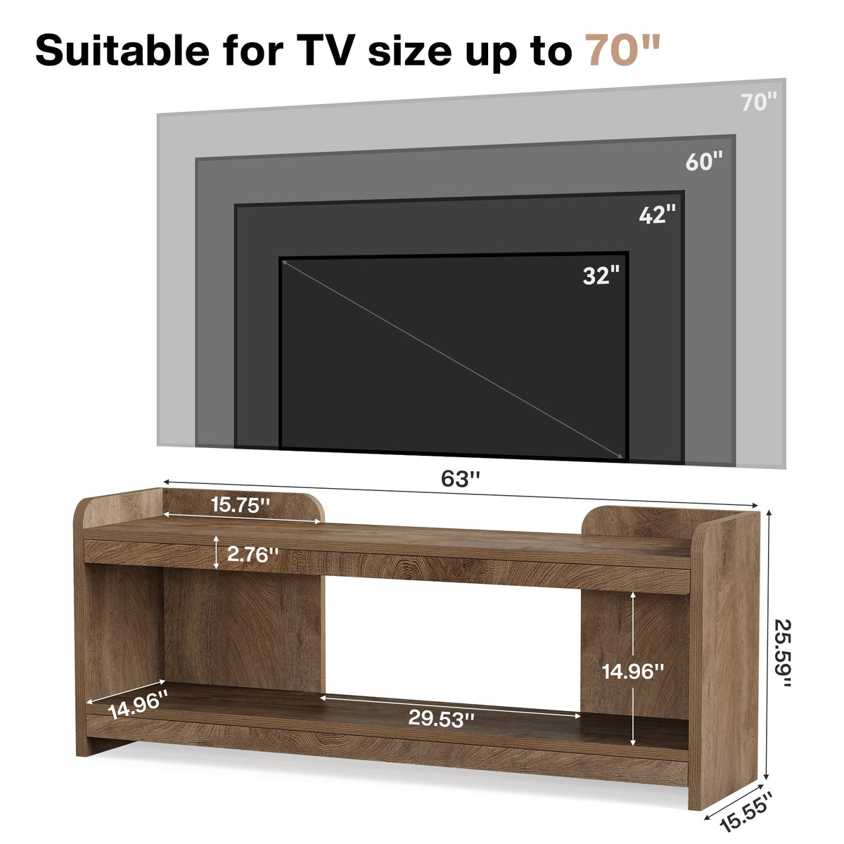 Dimension diagram: 63 in wide, 15.75 in deep, 25.59 in tall, fits TVs up to 70 in