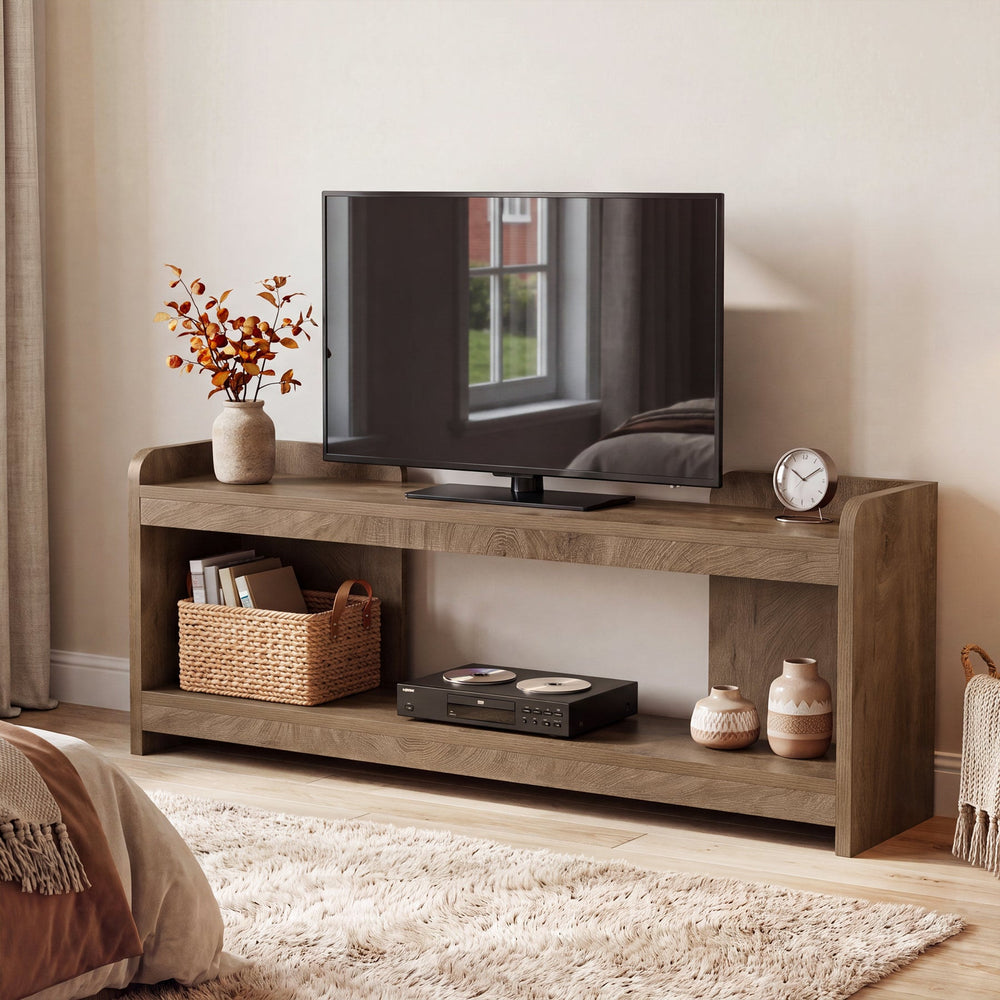Farmhouse TV stand in a bedroom with a TV, baskets and decor on both tiers