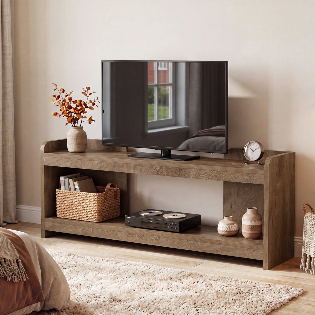 Farmhouse TV stand in a bedroom with a TV, baskets and decor on both tiers