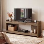 Farmhouse TV stand in a bedroom with a TV, baskets and decor on both tiers