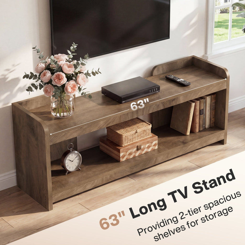Angled view of the 63 inch long TV stand showing the 2-tier open storage