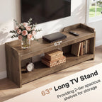 Angled view of the 63 inch long TV stand showing the 2-tier open storage