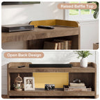 Detail views: raised baffle top edge and open back design of the TV stand