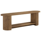 Fluted oval TV stand on a white background showing the storage shelf